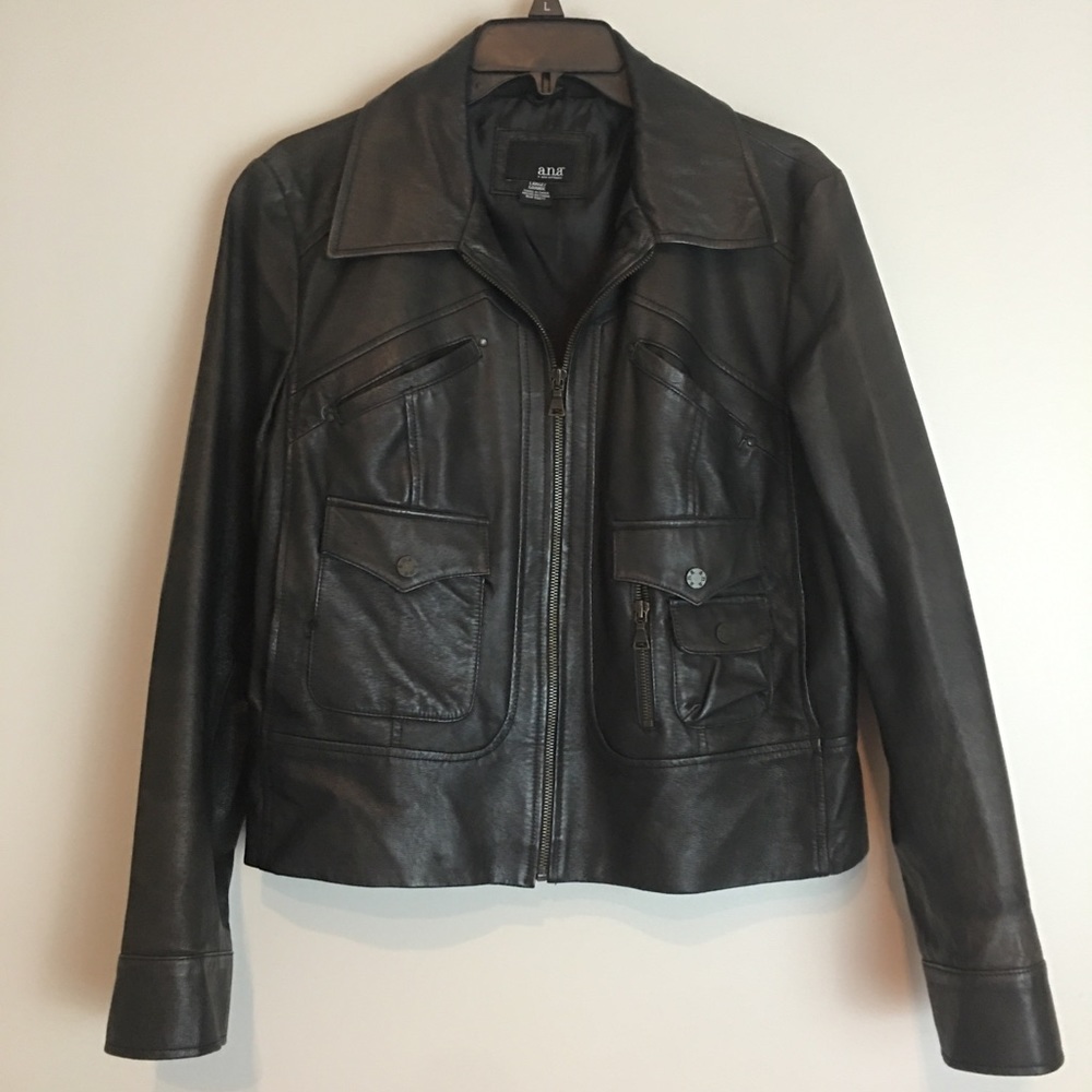 a.n.a 100% Leather Jacket Black Soft Pockets Large